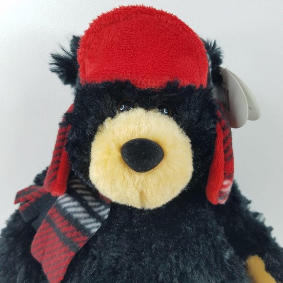 Black Bear Plush Red Plaid Trapper Hat Wishpets Rusty Winter Ear Flaps 2010 - Picture 2 of 9